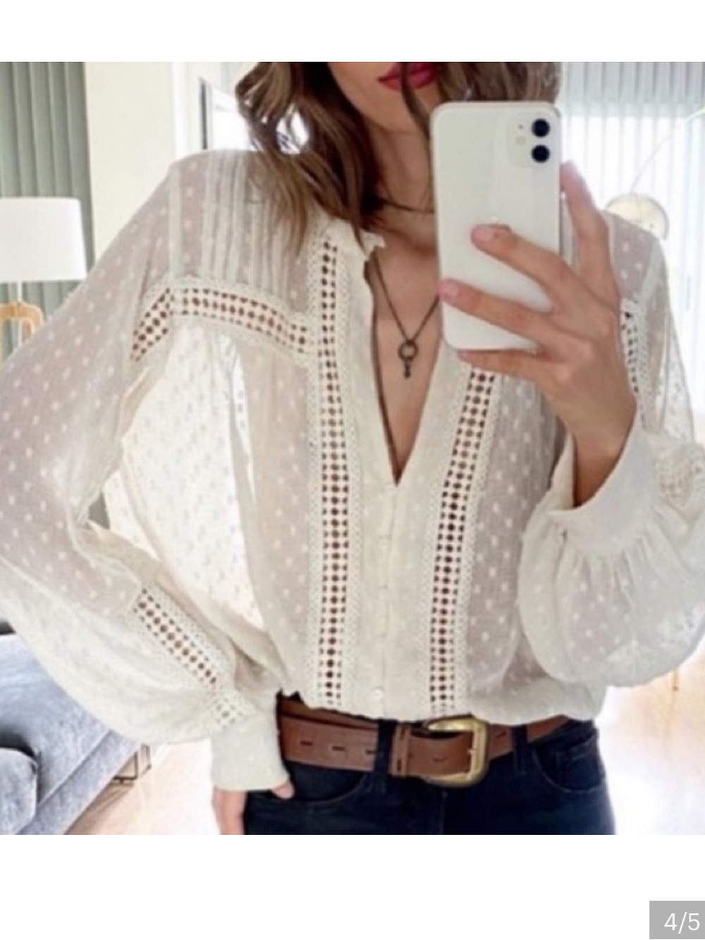 ZARA Ivory Swiss Dot Lace-Trim Button-Front Blouse Sz L